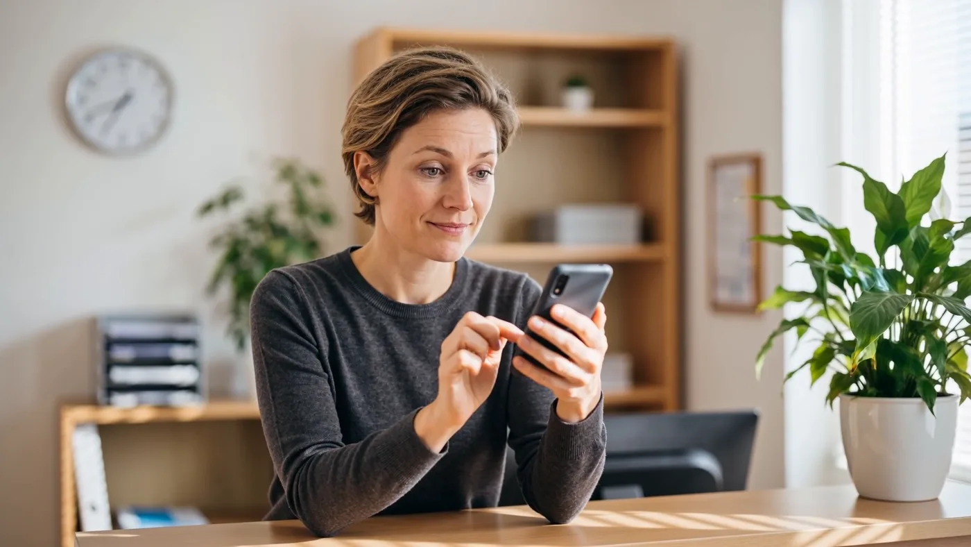 Mitarbeiterin im Büro tippt auf ihrem Telefon