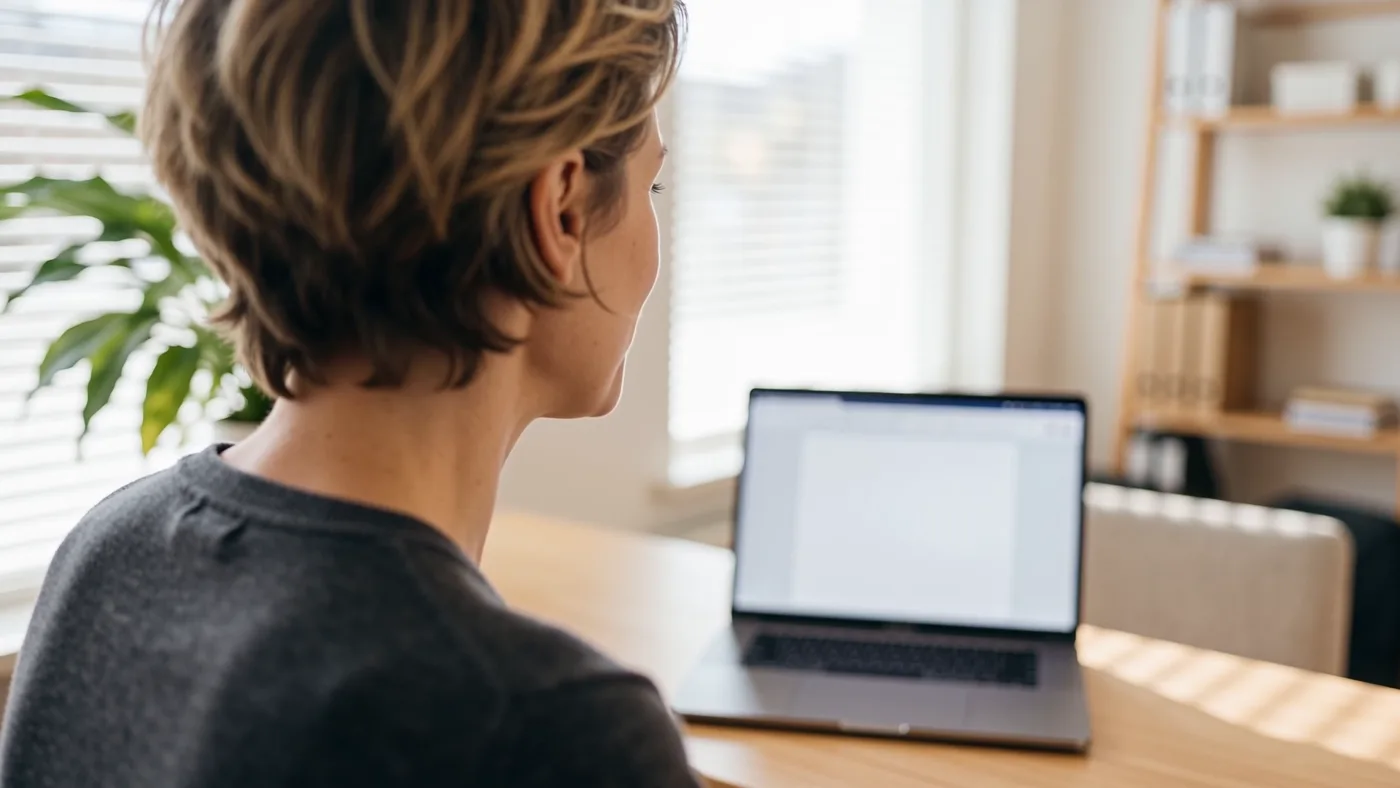 Mitarbeiterin am Laptop im Gespräch mit der Cautela-Schulung