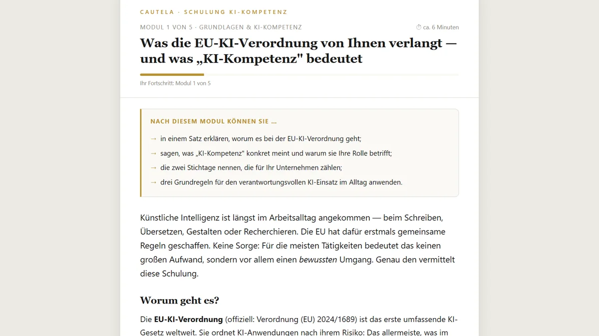 Schulungslektion in Cautela mit Text und Nachfragefeld