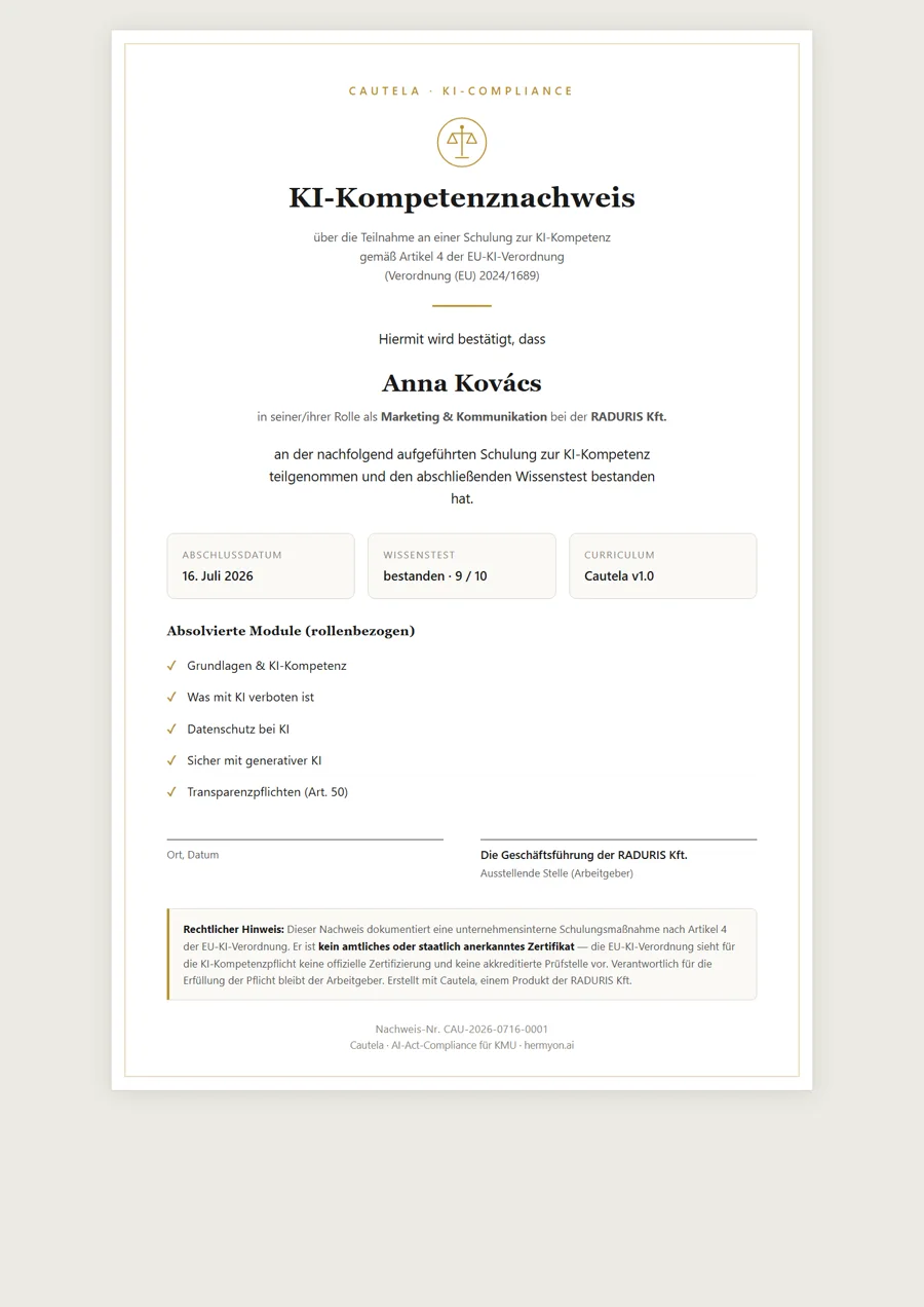 KI-Kompetenznachweis auf den Namen einer Mitarbeiterin, mit Modulliste und Testergebnis