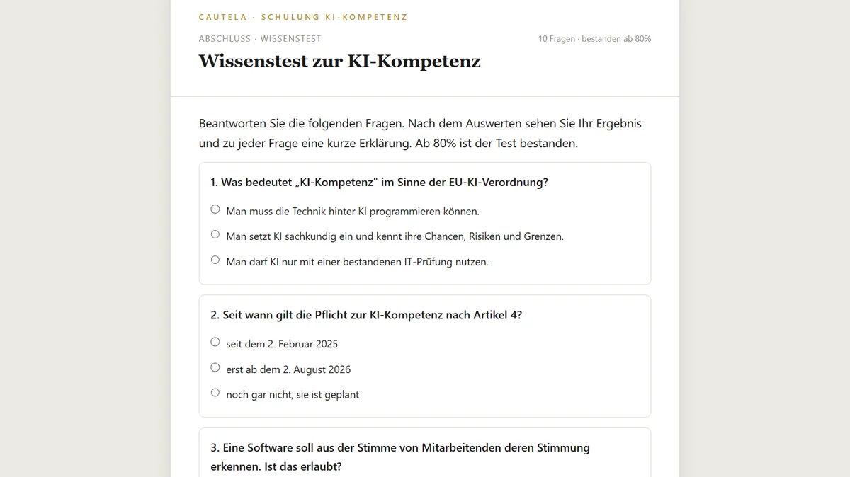 Wissenstest in Cautela mit Frage und Antwortmöglichkeiten